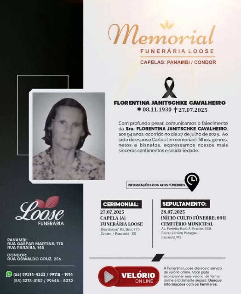 Funerária Loose comunica falecimento em Panambi