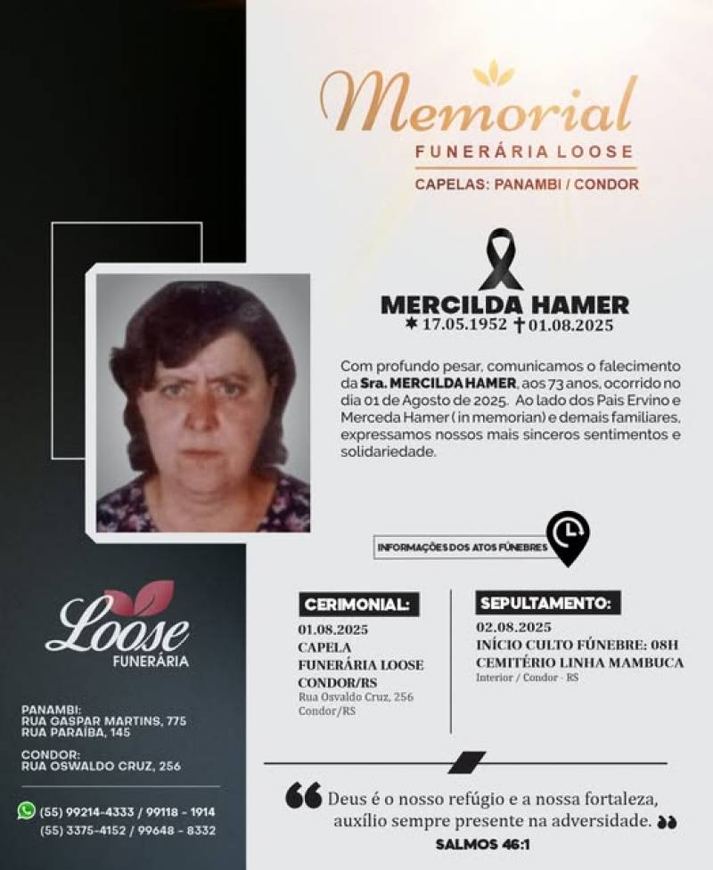 Funerária Loose comunica falecimento em Condor