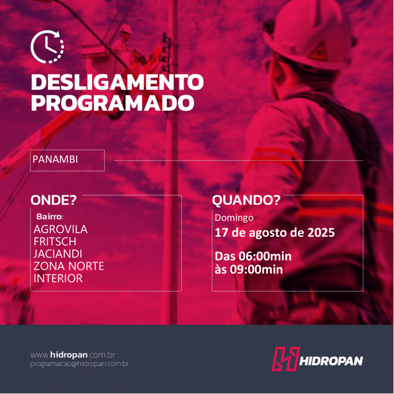 HIDROPAN - Aviso de Desligamento Programado - 17/08/25 - 06:00 / 09:00 em Panambi