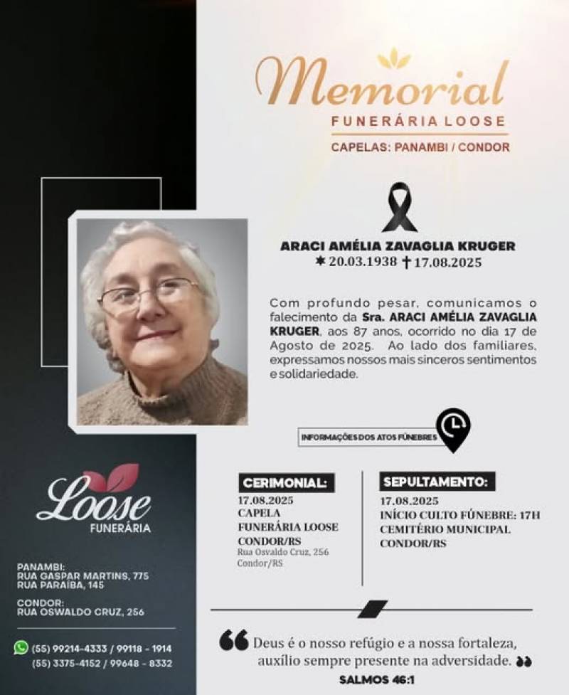 Funerária Loose comunica falecimento em Condor