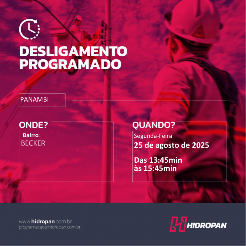 HIDROPAN - Aviso de Desligamento Programado - 25/08/25 - 13:45 / 15:45 em Panambi.