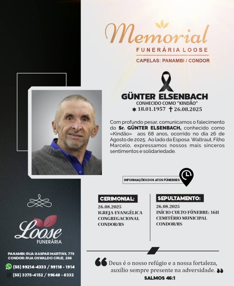 Funerária Loose comunica falecimento em Condor